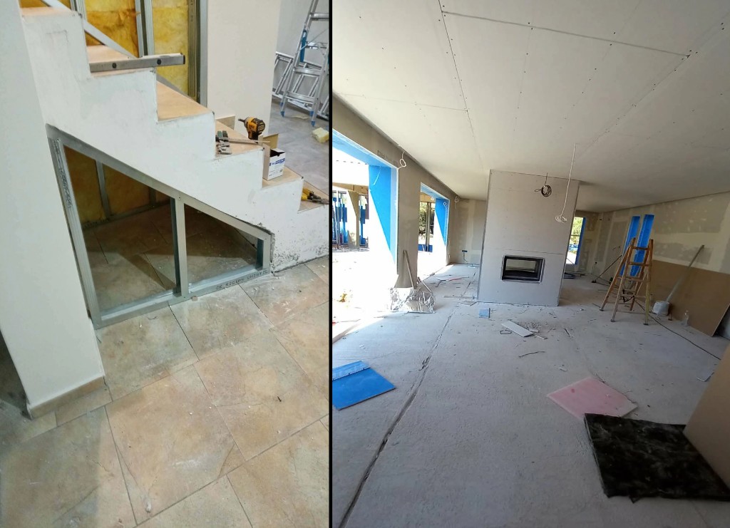 Ανακαίνιση – σκάλα, γυψοσανίδες και τζάκι σε εξέλιξη, Ζάκυνθος